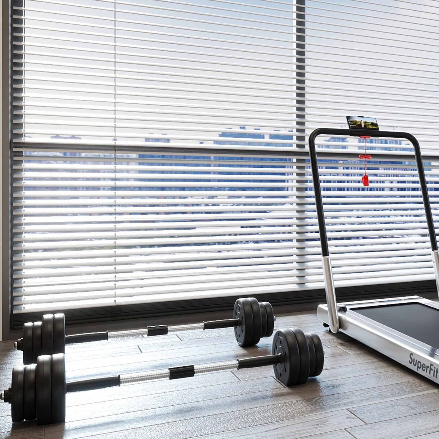 Fitness set with folding treadmill and dumbbells; white frame, black weights, SuperFit branding on Tampa Home & Garden Store