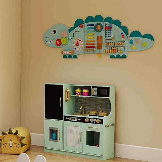 Three in One Kids Play and Learning Center mint green toy kitchen with beads and gears on Tampa Home & Garden Store