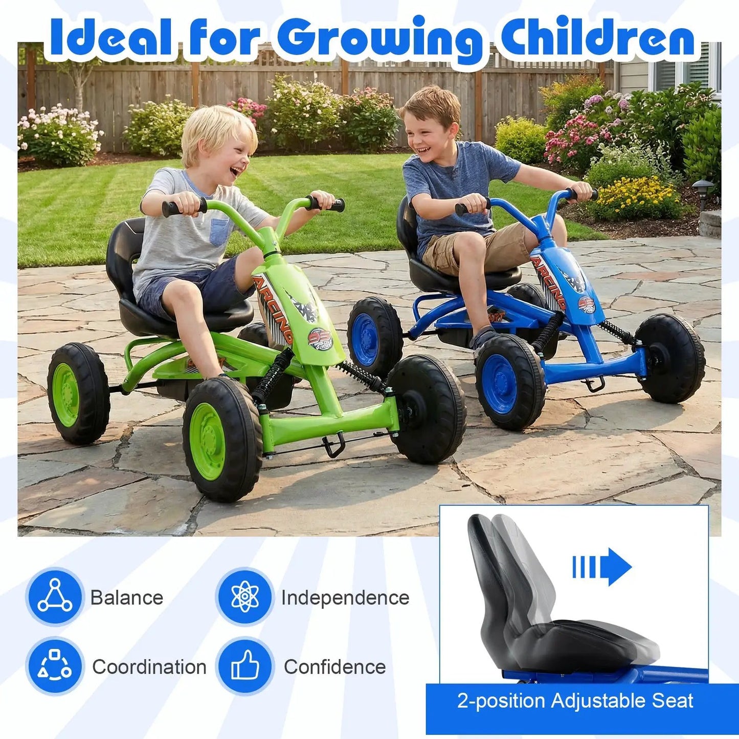Go Kart for Kids with 4 Wheel Steering Handlebars; two green and blue go-karts on a driveway on Tampa Home & Garden Store
