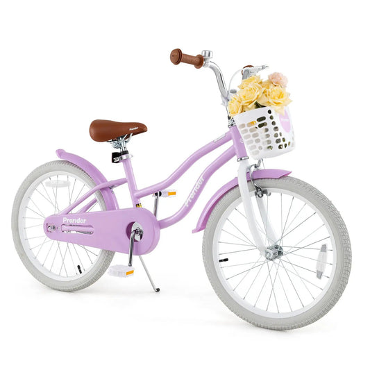 Purple 20 Inch kids bike with brown saddle, brown grips, and white front basket on Tampa Home & Garden Store