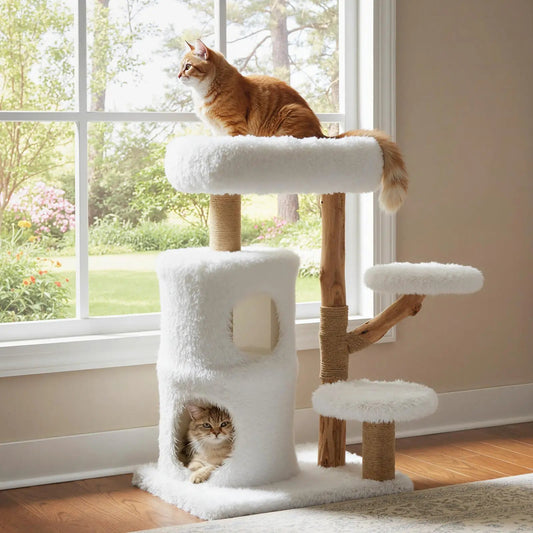 Modern Cat Tree with Real Wood Branches, white plush, DirectDeals on Tampa Home & Garden Store