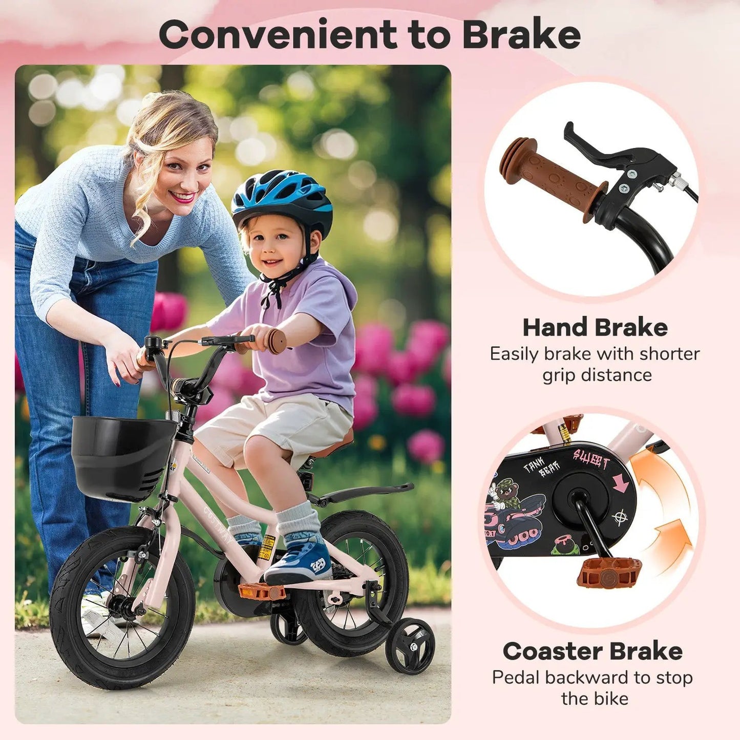 12-inch Kids Bike with Helmet Set Black Pink; child rides with training wheels, guided by adult on Tampa Home & Garden Store