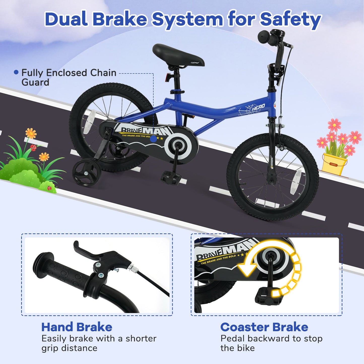 16in dark blue kids bike with enclosed chain guard and training wheels on Tampa Home & Garden Store