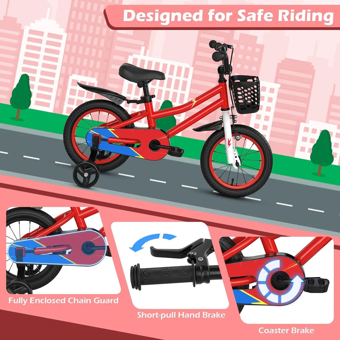 Kids 14 Inch Bike and Pink Helmet Set red frame with white front fork, front basket, training wheels on Tampa Home & Garden Store
