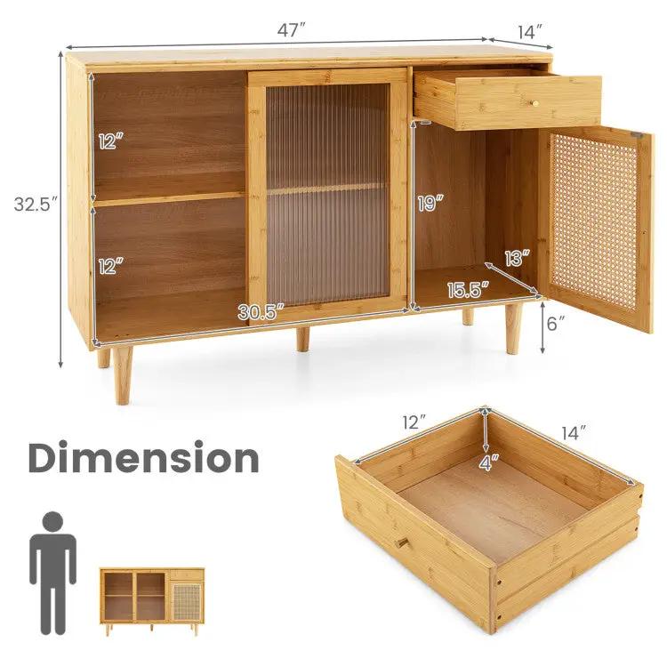 Three Piece Modern Dining Set with Wooden Chairs: light oak sideboard with glass center cabinet on Tampa Home & Garden Store