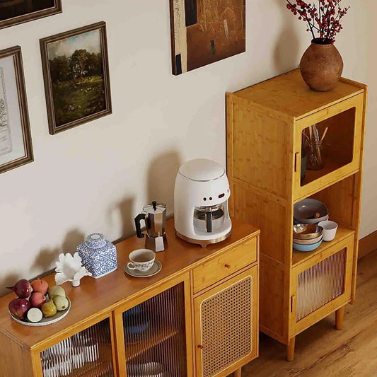 Three Piece Modern Dining Set with Wooden Chairs wood finish with cane-front cabinets on Tampa Home & Garden Store