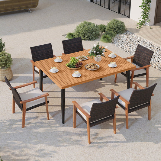 7-Pieces Patio Dining Table Set Acacia Wood Table and 6 Armchairs - Tampa Home & Garden Store