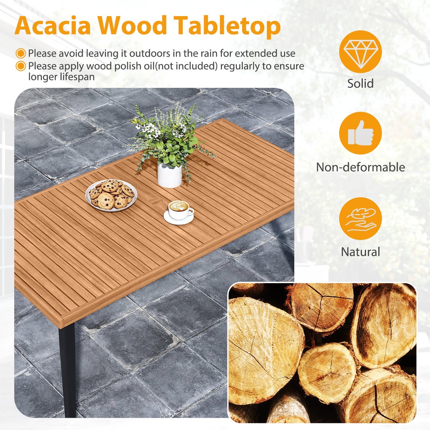 7-Piece outdoor patio set Acacia wood table and chairs with slatted brown top and black legs on Tampa Home & Garden Store