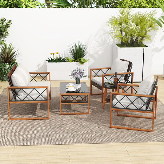 5 Pieces PE Wicker Patio Furniture Set with Acacia Wood Frame - Tampa Home & Garden Store