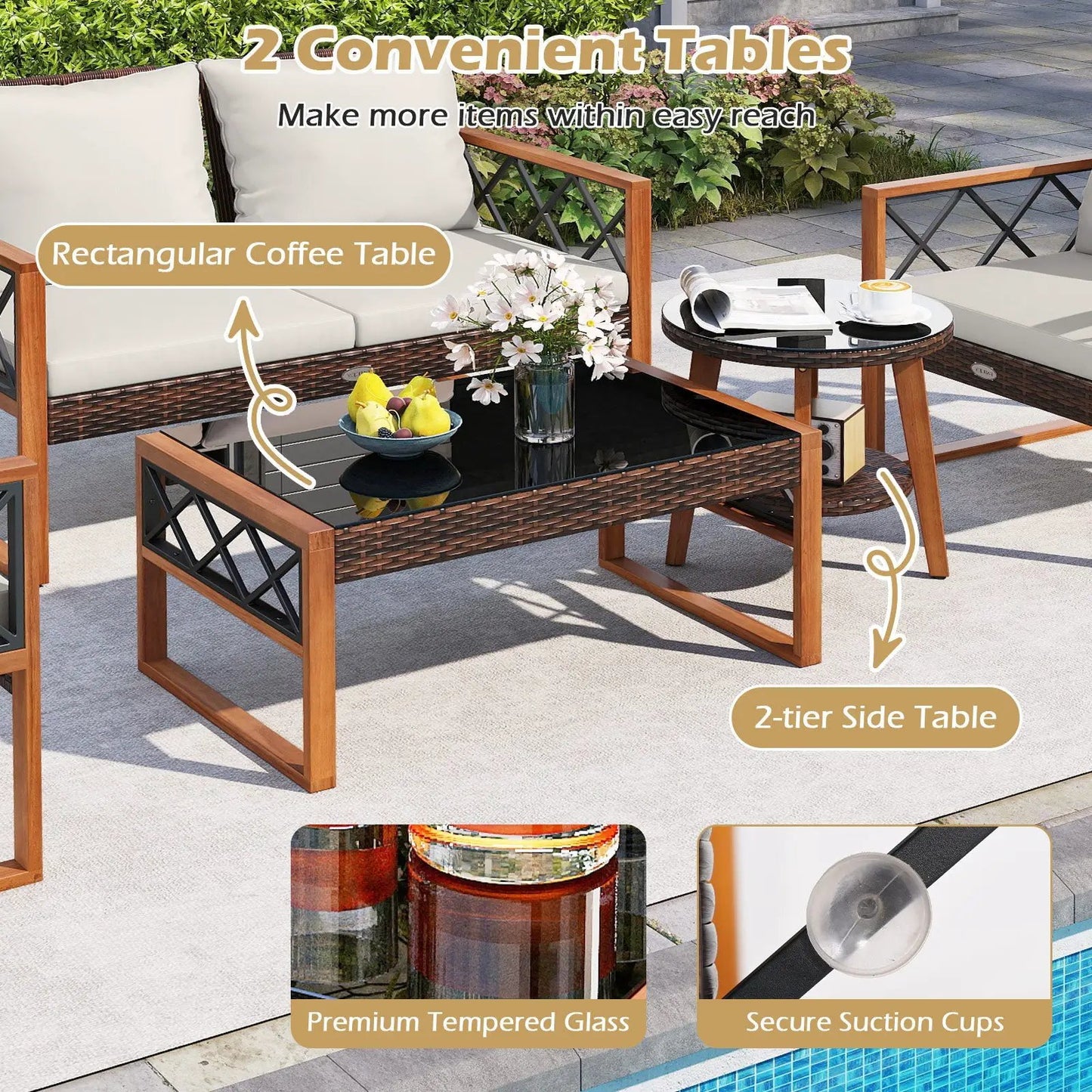 5 Piece PE Wicker Patio Set with Acacia Wood Frame and cream cushions DirectDeals on Tampa Home & Garden Store