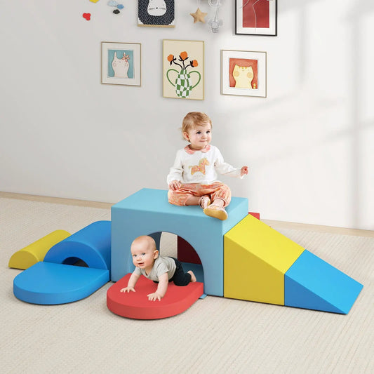 7 Piece Soft Foam Toddler Climbing Blocks Set colorful foam blocks form a playful climb with a toddler on a blue block on Tampa Home & Garden Store
