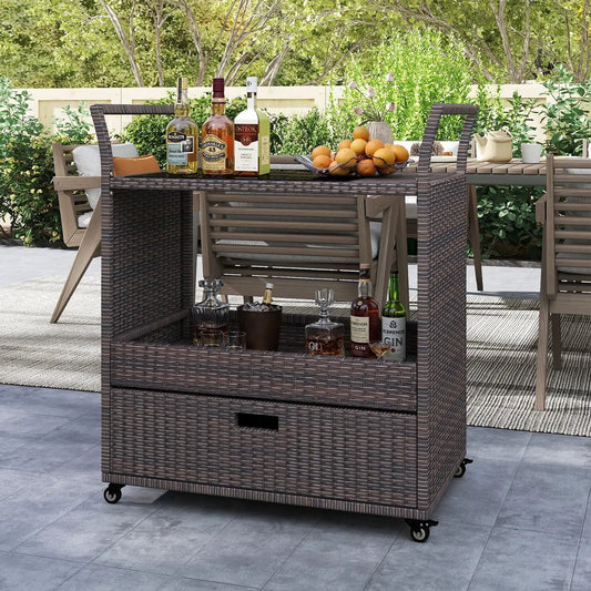Outdoor wicker bar cart with tempered glass top in dark brown rattan by DirectDeals on Tampa Home & Garden Store