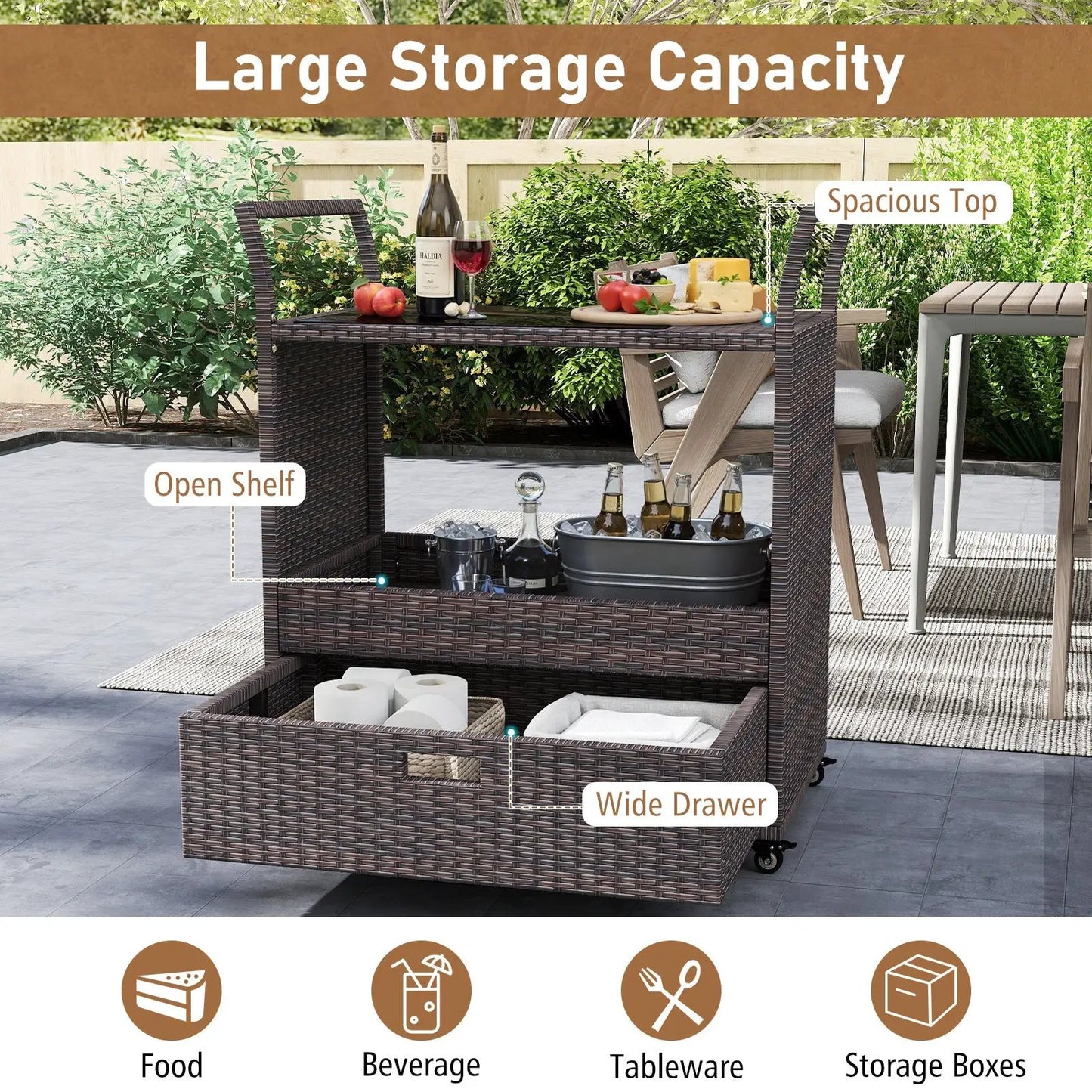 Outdoor Wicker Bar Cart with Tempered Glass top in dark brown rattan, open shelf and wide drawer on Tampa Home & Garden Store