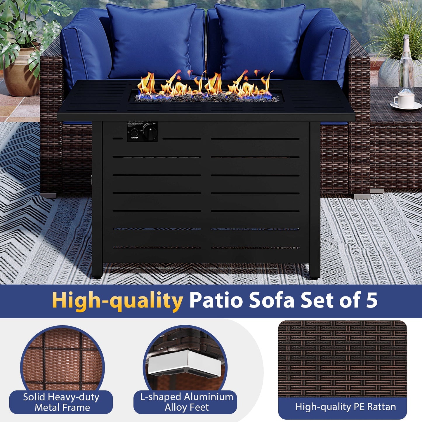 Heavy Duty Frame Sofa Set with Firepit Table, blue cushions, 5pc DirectDeals outdoor set on Tampa Home & Garden Store