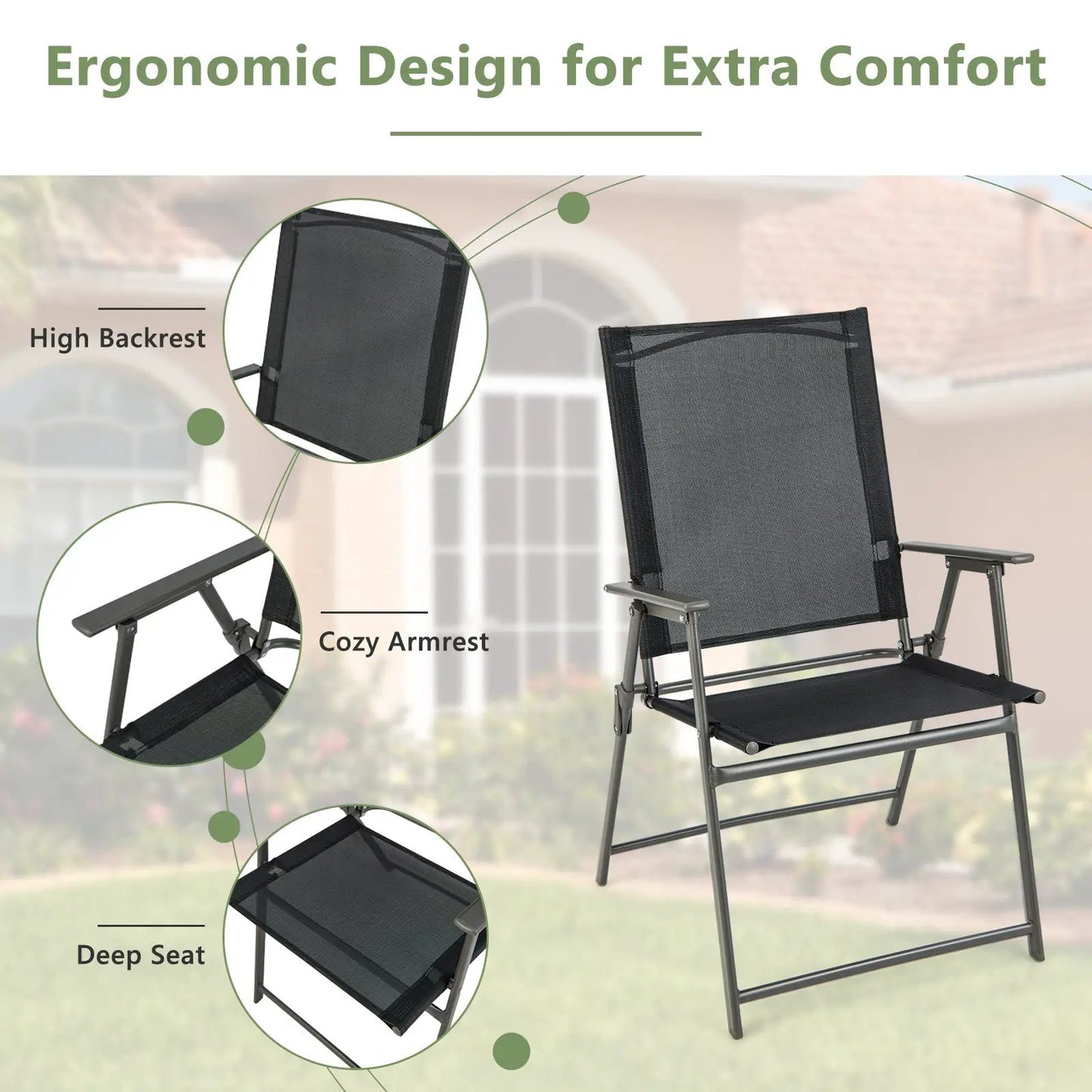 Five Piece Foldable Outdoor Dining Set for Patio with metal square table and black mesh chairs on Tampa Home & Garden Store