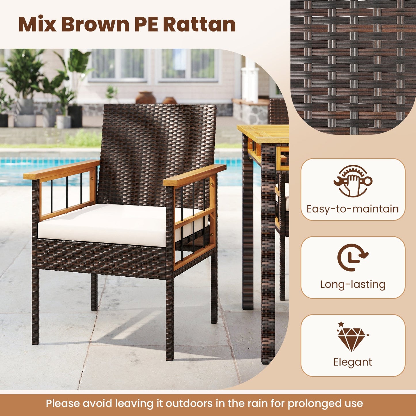 7-piece PE wicker patio dining set in dark brown with wooden armrests for garden backyard on Tampa Home & Garden Store