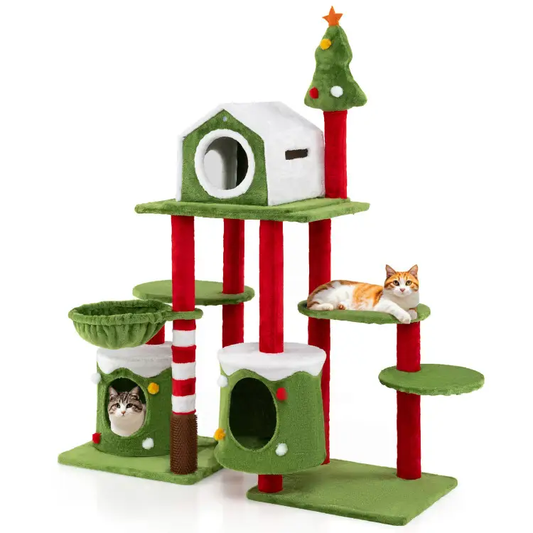 DirectDeals 58 Inch Cat Tree Tower Festive green and red with gift-box cat houses and perches on Tampa Home & Garden Store