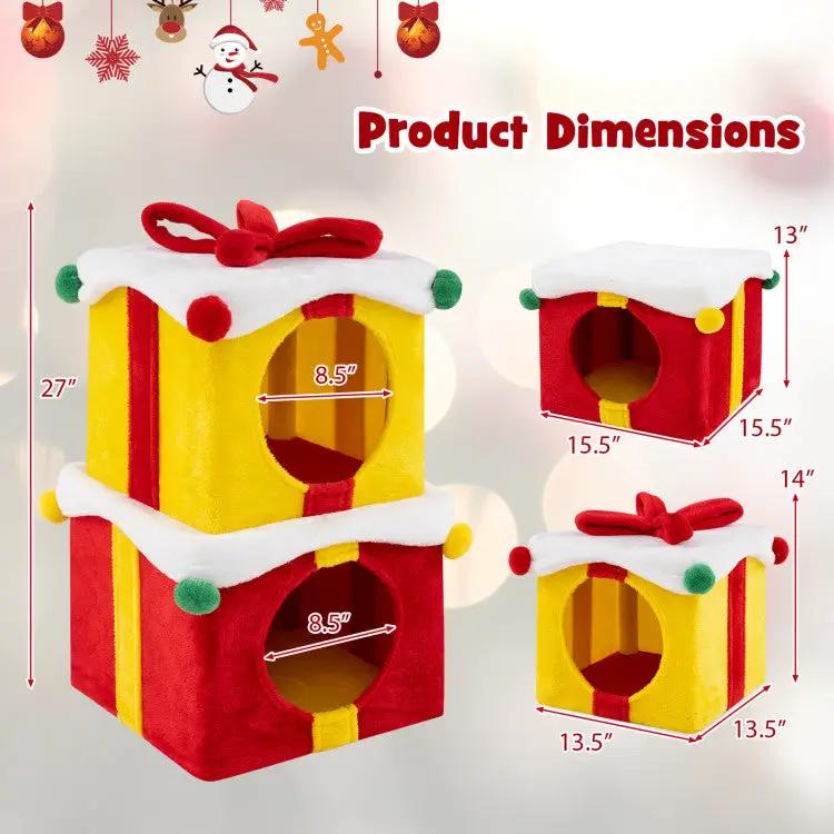 DirectDeals 58 inch cat tree with yellow red cube houses festive white snow trim 3pc set on Tampa Home & Garden Store