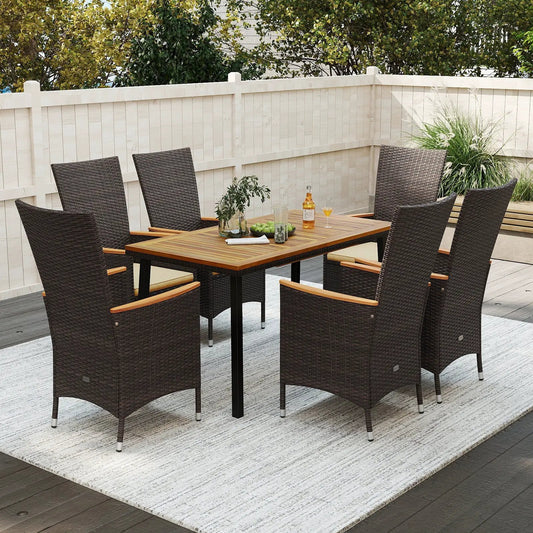 Outdoor Dining Set for 6 with dark brown wicker armchairs and acacia wood tabletop on Tampa Home & Garden Store