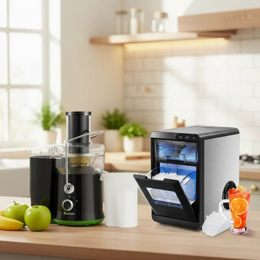 Countertop Nugget Ice Maker and Juicer Combo; black juicer beside ice maker on counter on Tampa Home & Garden Store