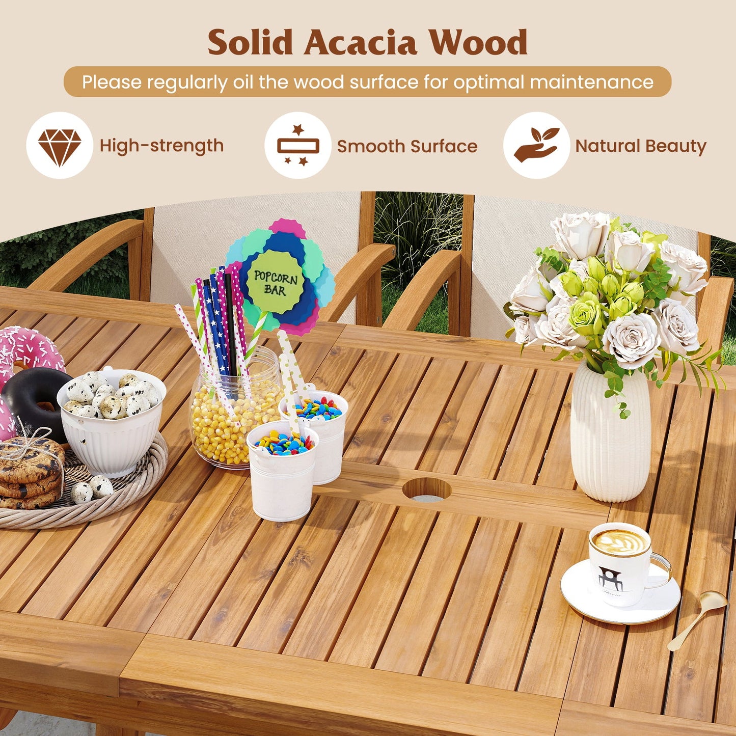 9-Piece acacia wood patio dining set for 6 with warm brown finish on a slatted outdoor table on Tampa Home & Garden Store