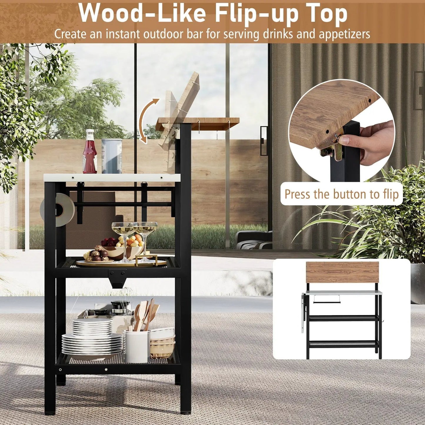 Outdoor foldable grill table with flip-up wood-top and zinc-iron alloy frame on Tampa Home & Garden Store