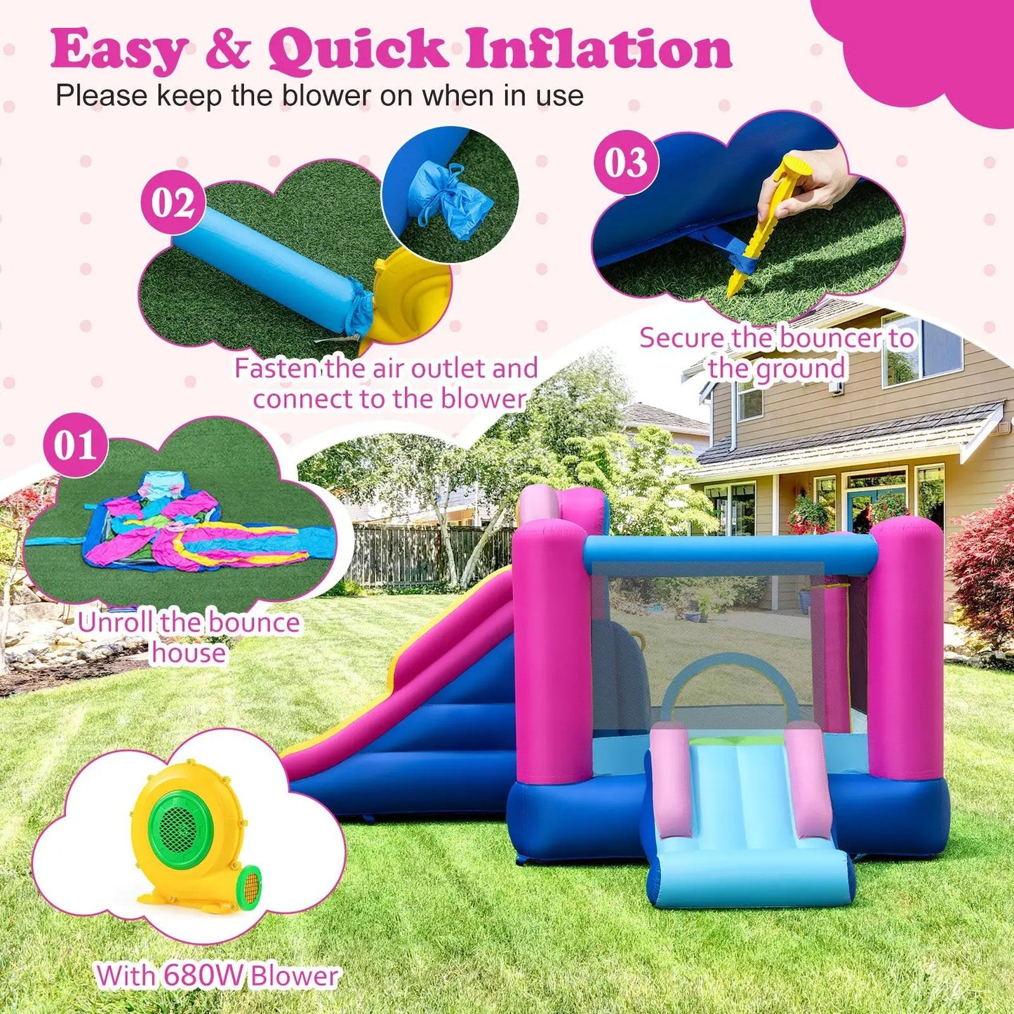 Inflatable Bounce House With Slides and Hoop by DirectDeals, pink and blue bouncer on Tampa Home & Garden Store