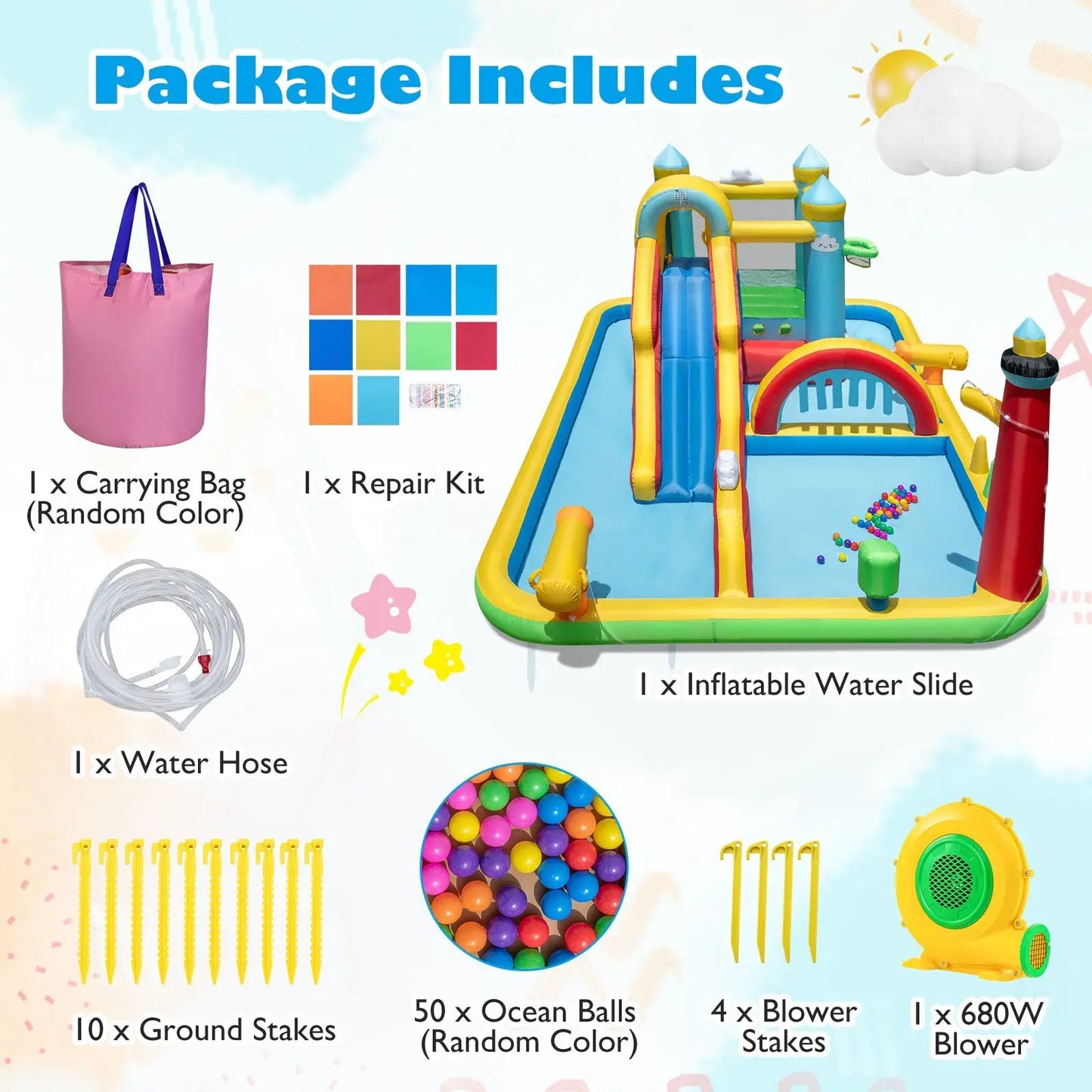Colorful Inflatable Water Slide Jumping and Climbing Wall by DirectDeals with 680W blower on Tampa Home & Garden Store