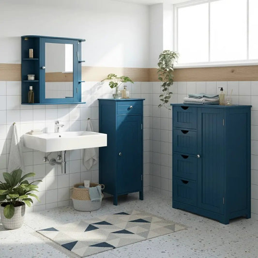Prussian Blue bathroom cabinets set featuring wall mirror cabinet and tall storage unit on Tampa Home & Garden Store