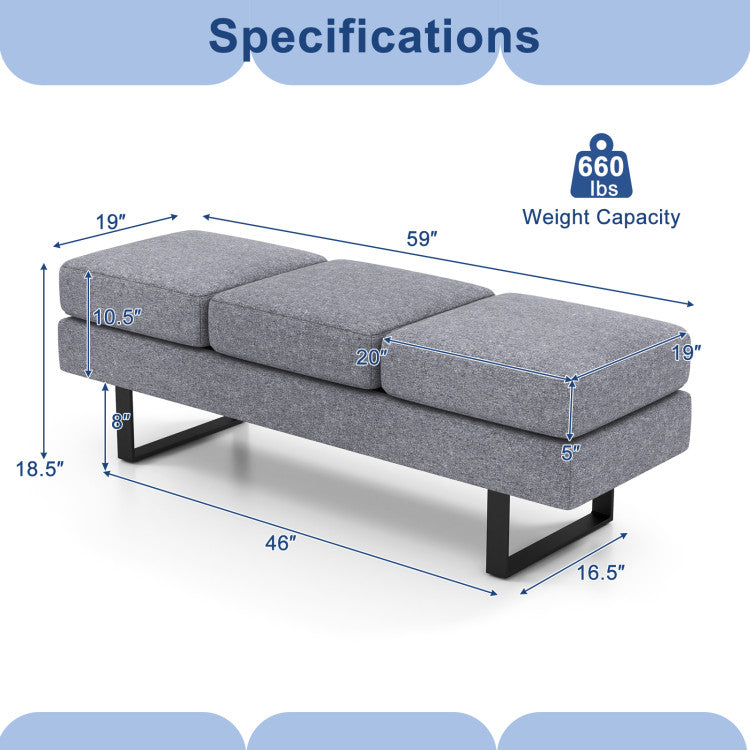 Entryway hall bench with grey fabric cushions and black metal legs, 59-inch length on Tampa Home & Garden Store