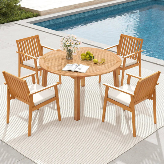 Acacia wood round patio dining set with white-cushioned chairs by pool on Tampa Home & Garden Store