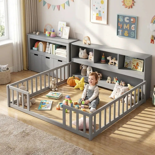 Gray wooden Montessori twin floor bed with toy storage cubbies and guard rails on Tampa Home & Garden Store