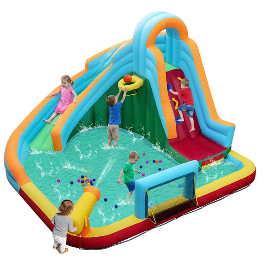 Inflatable Water Slide Park 6-in-1 with blue arches and orange trim and splash pool on Tampa Home & Garden Store