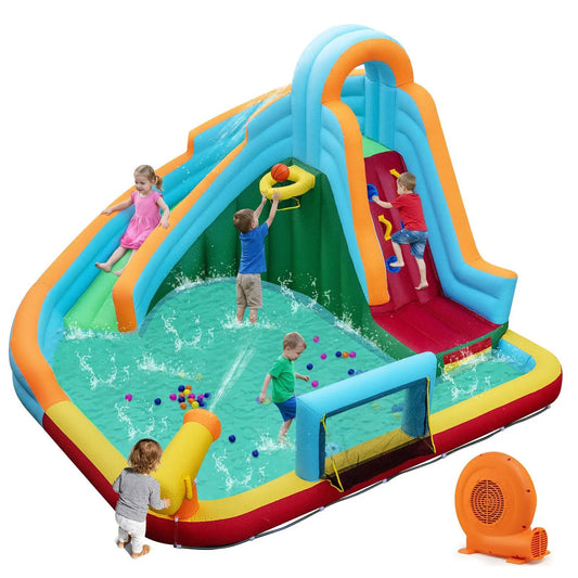 6-in-1 Inflatable Water Slide Park with 750W Blower; blue/orange splash pool for kids on Tampa Home & Garden Store
