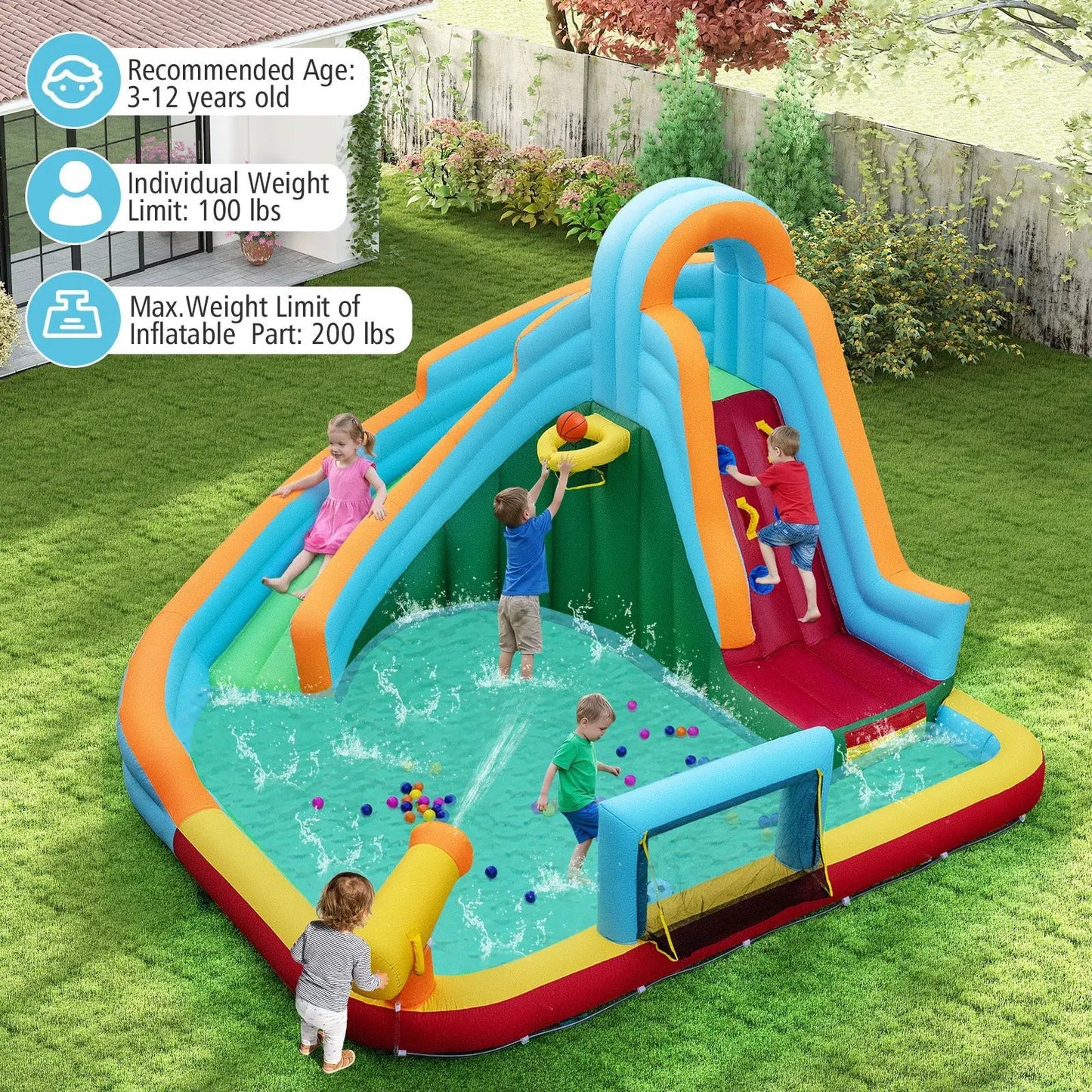 6-in-1 Inflatable Water Slide Park with 750W Blower blue and orange backyard playset on Tampa Home & Garden Store