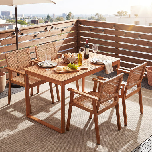 5 Pieces Acacia Wood Dining Set with Outdoor Table and Rattan Chairs for 4 Persons - Tampa Home & Garden Store