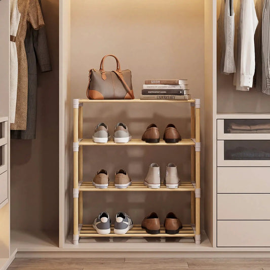4-Tier wood shoe rack with slatted shelves DirectDeals holds multiple pairs of shoes and a bag on Tampa Home & Garden Store