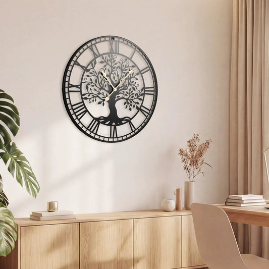 Tree of Life 27-inch black metal wall clock with Roman numerals and openwork dial on Tampa Home & Garden Store