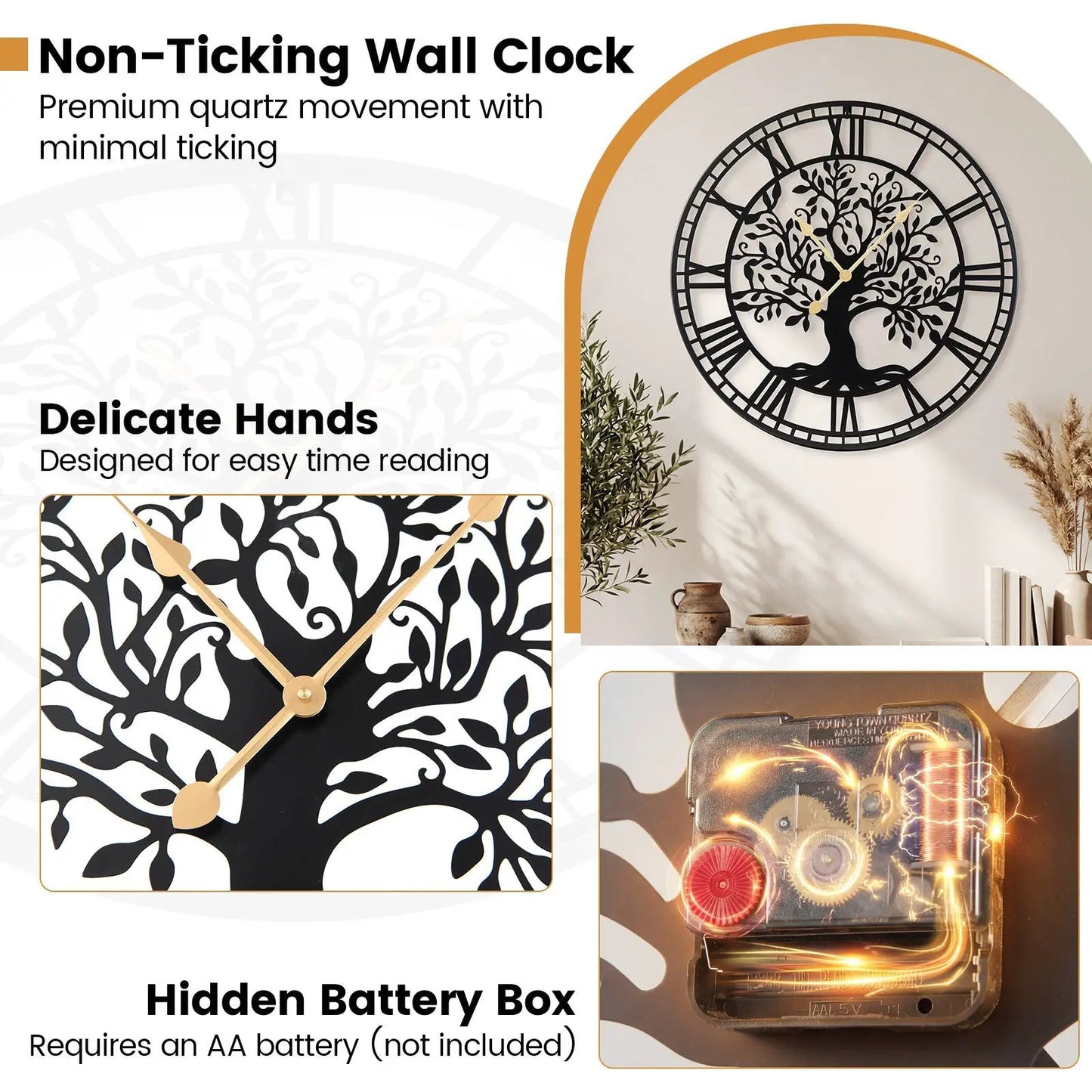 Tree Of Life 27 Inch Metal Wall Clock, black metal tree with gold hands on Tampa Home & Garden Store
