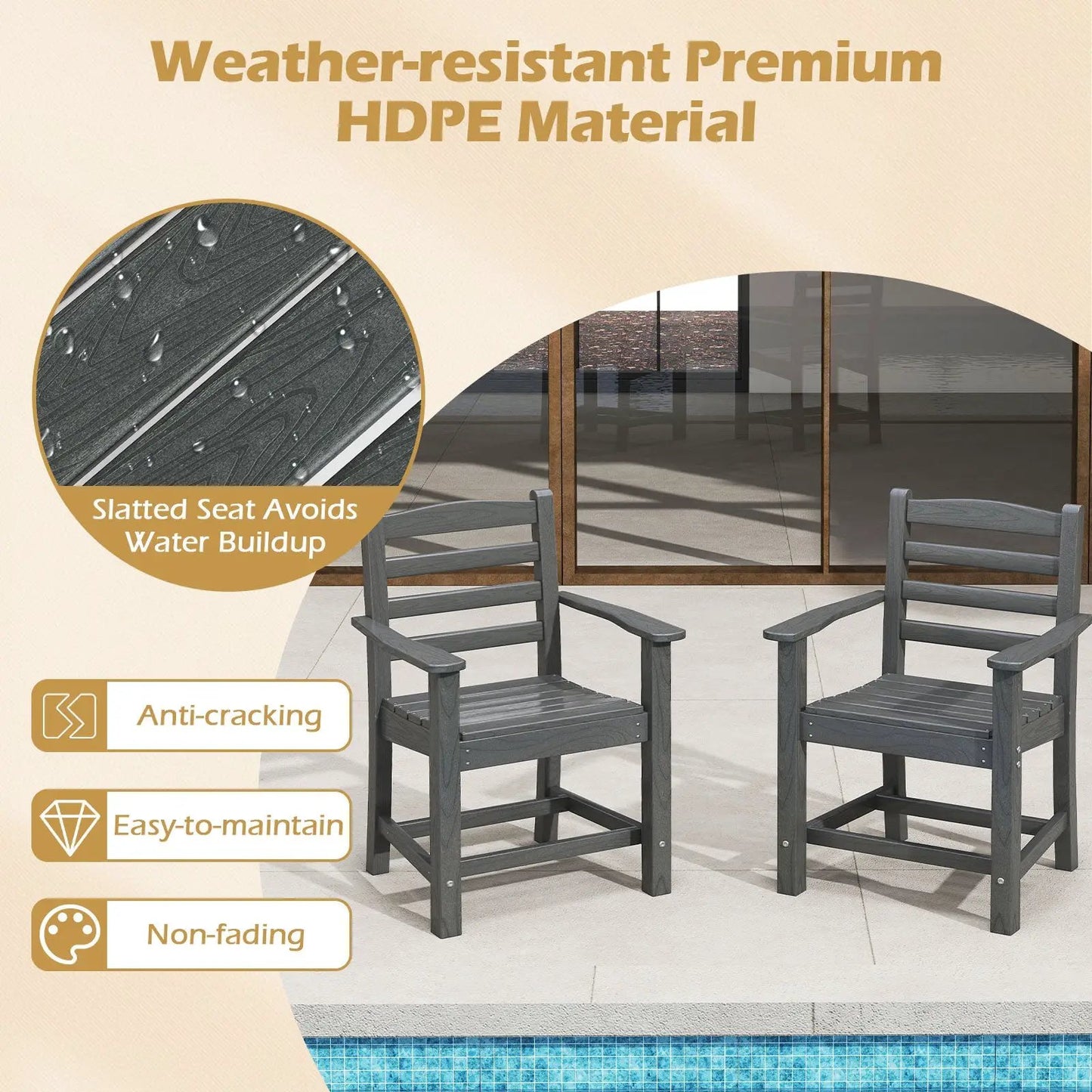 Outdoor dining table set for 6 with HDPE chairs dark gray slatted seats on Tampa Home & Garden Store