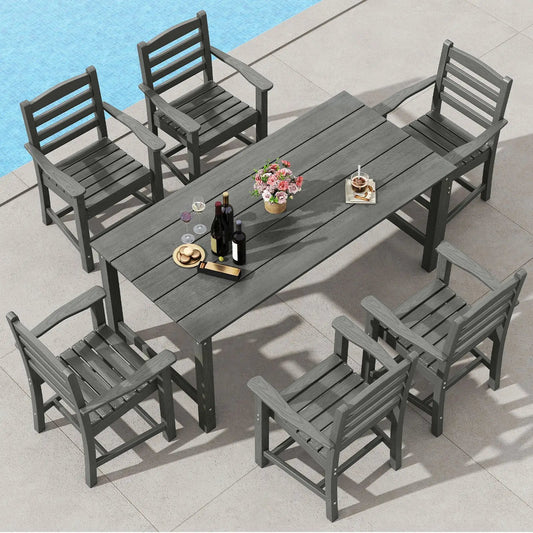 Outdoor dining table set for 6 with dark gray HDPE chairs and slatted rectangular table on Tampa Home & Garden Store