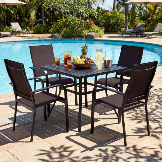 5-piece patio dining set for 4 with a square slat-top table and four brown metal stackable chairs on Tampa Home & Garden Store