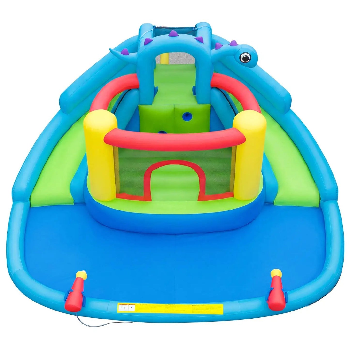 Dinosaur-themed kids inflatable water park with dual slides in blue, green and yellow on Tampa Home & Garden Store