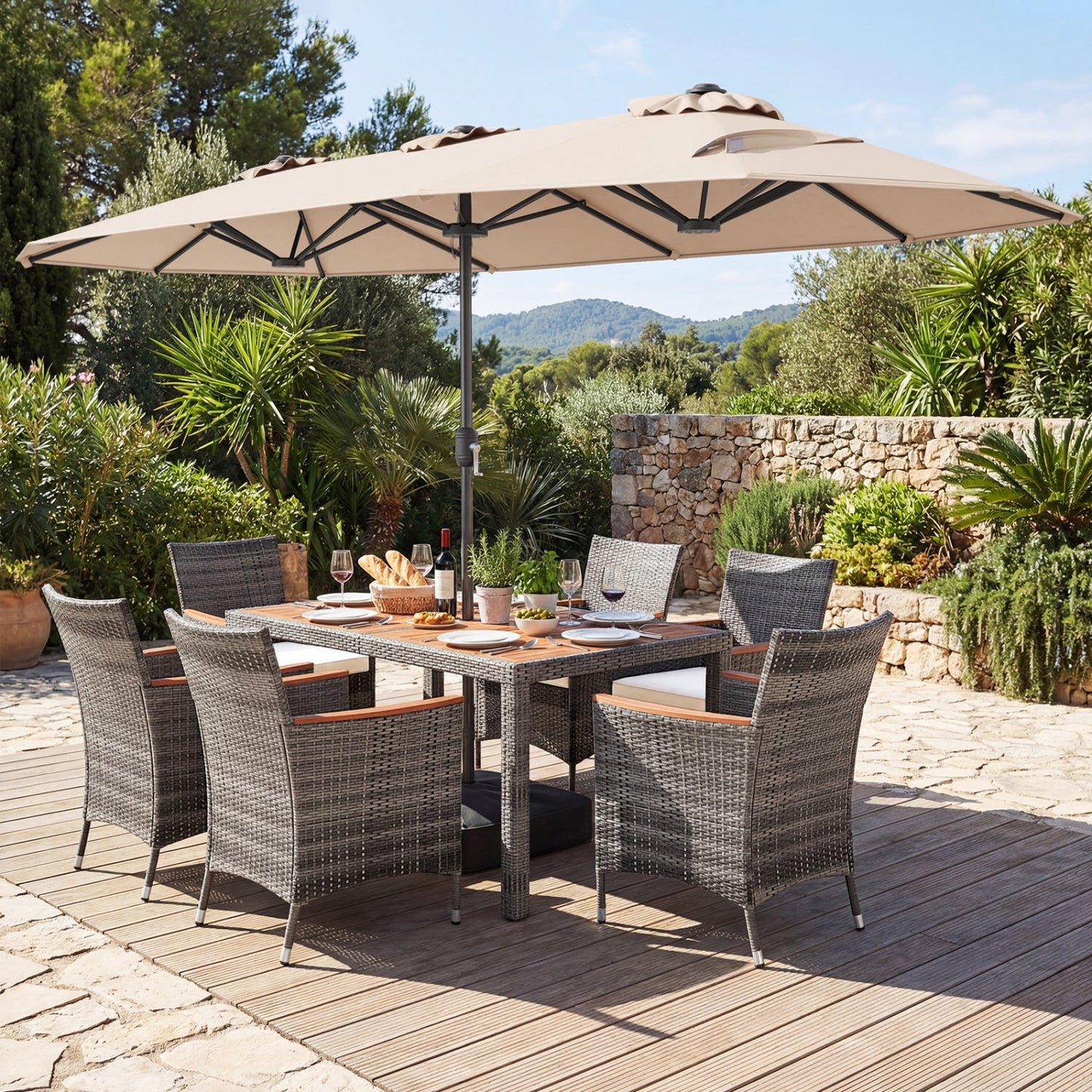 8-Piece Patio Dining Set with Market Umbrella gray wicker chairs around table beige canopy on Tampa Home & Garden Store