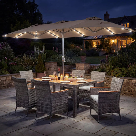 8-piece outdoor wicker dining set with 13.5 ft umbrella, beige canopy, LED lights on Tampa Home & Garden Store
