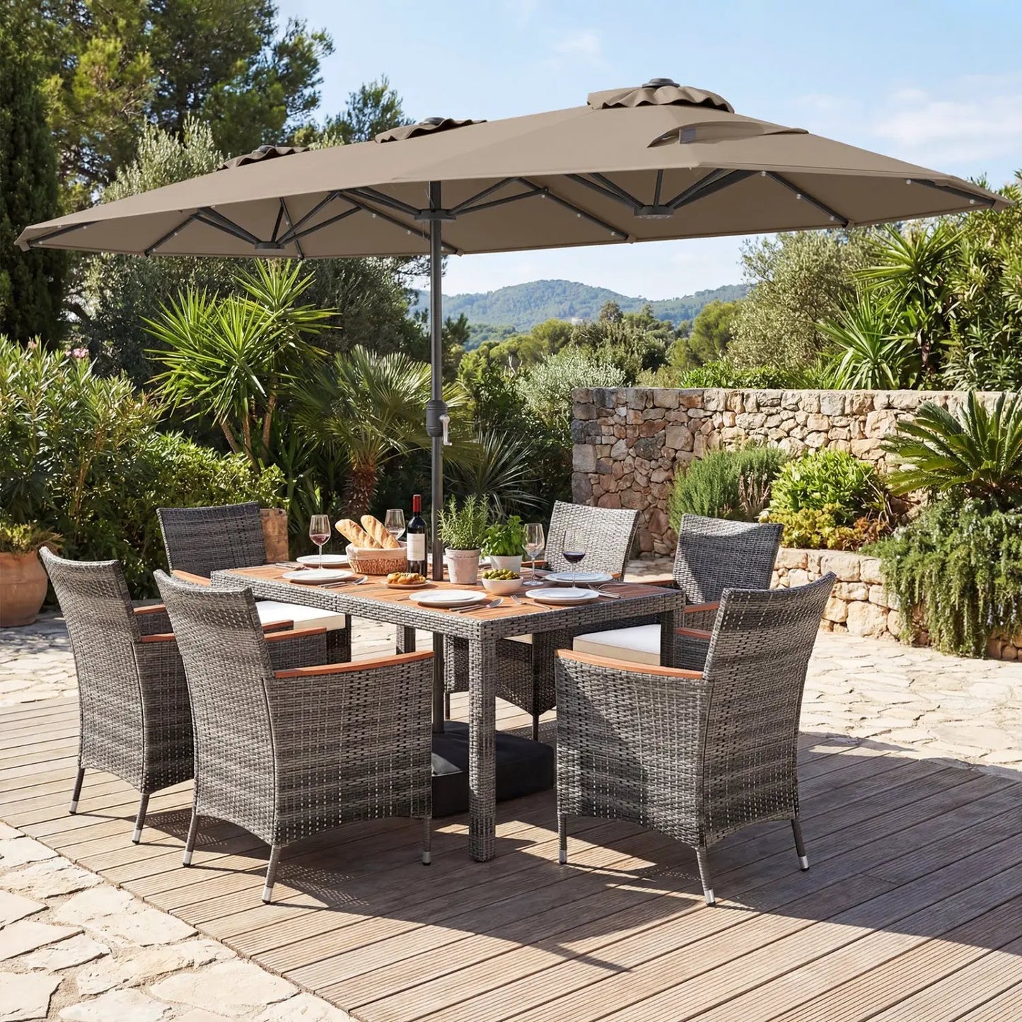 Outdoor wicker dining set with 13.5 ft beige umbrella, 8 gray chairs DirectDeals on Tampa Home & Garden Store