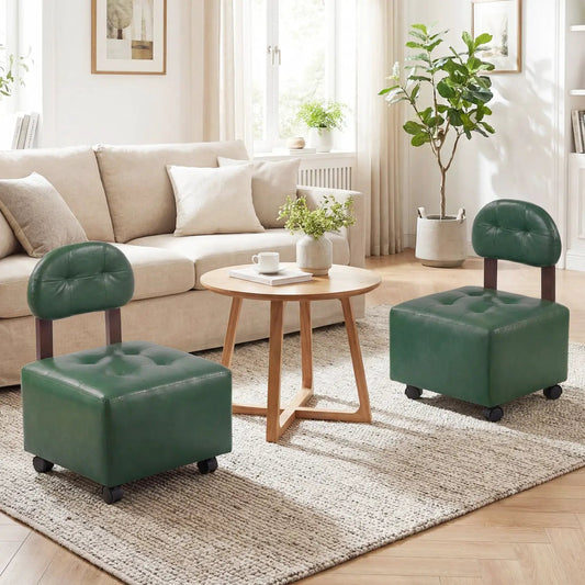 Small rolling footrest stools set of 2, green tufted faux-leather with lockable wheels on Tampa Home & Garden Store
