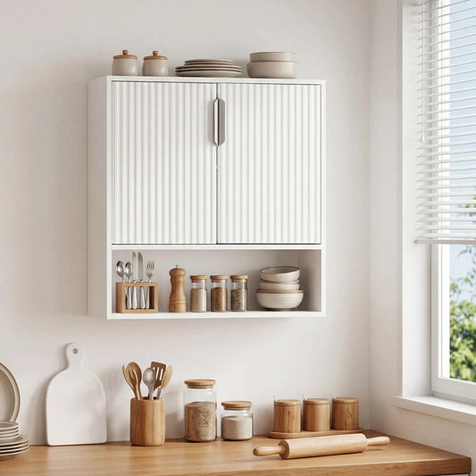 Bathroom wall cabinet with 2 fluted doors, open cube and adjustable shelf, white finish on Tampa Home & Garden Store