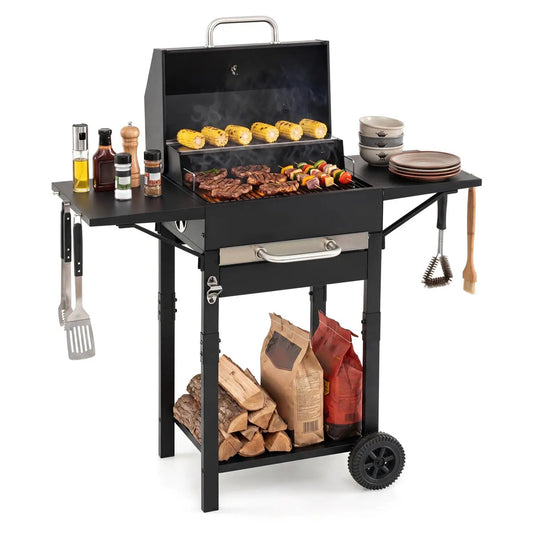 Charcoal Grill with Adjustable Chimney 284 sq in on cart with side shelves grilling corn on Tampa Home & Garden Store