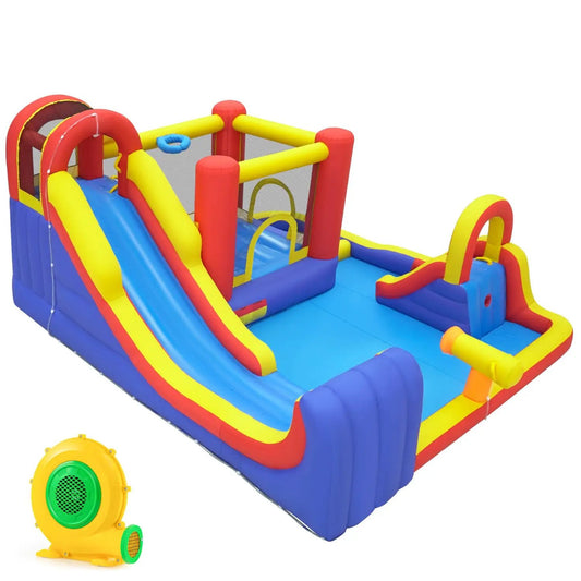 7-in-1 Inflatable Water Slide Bounce House with Dual Slides, red yellow blue, includes blower on Tampa Home & Garden Store